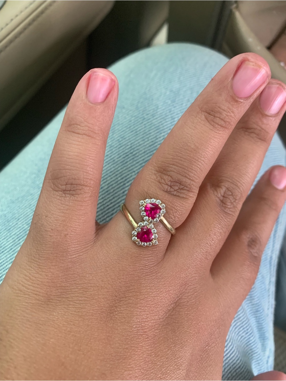 Gold Ring with Pink Heart Gemstones and Halo Accents 10k CZ